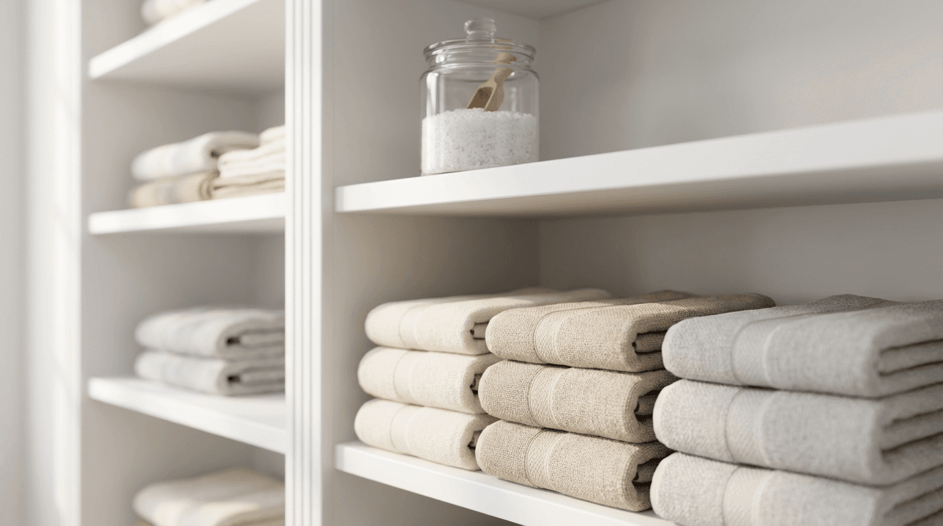 Hands placing folded towels on a linen shelf in a bright, organized home