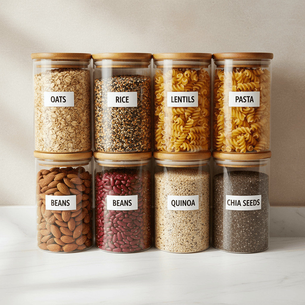 Pantry with labeled glass containers and woven baskets
