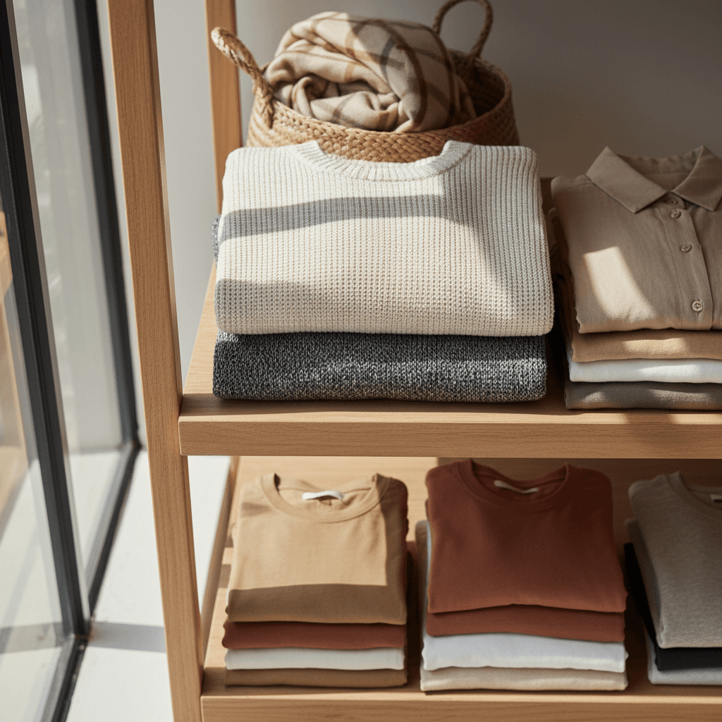 Orderly walk-in closet with color-coded clothing and neatly arranged accessories