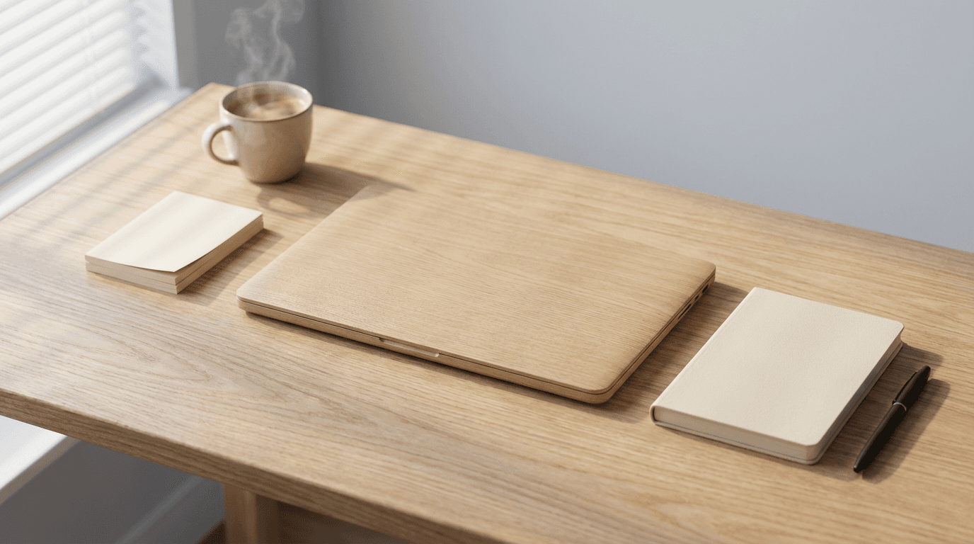 Organized home office desk with minimal accessories