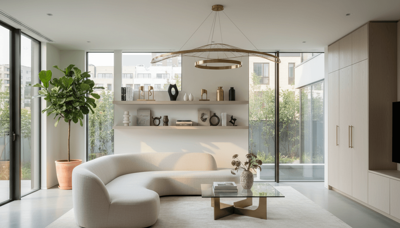 Sunlit minimalist living room with cream sofa, ceramic vase, and natural textures