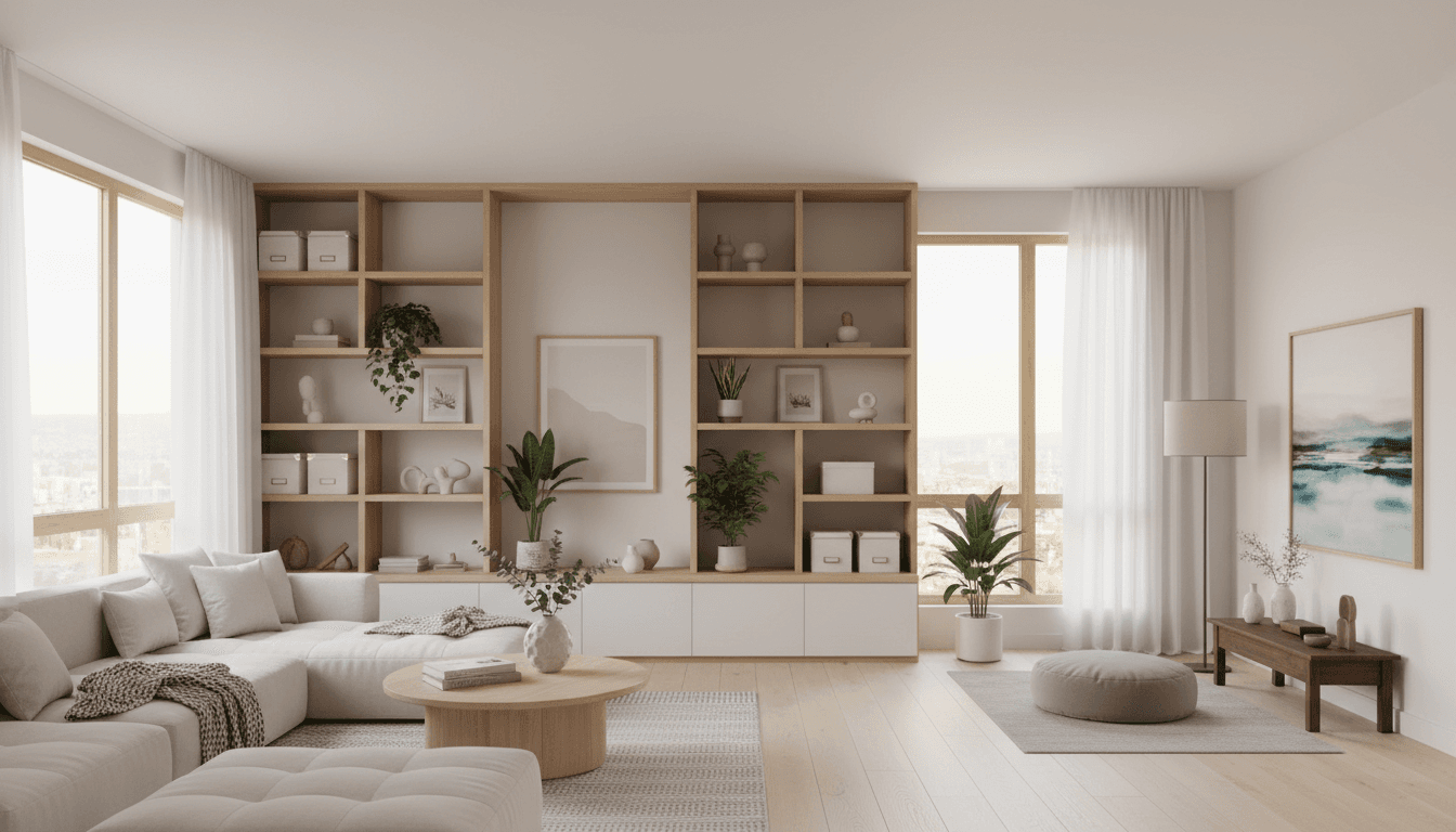 An elegantly organized living room with neatly arranged shelves and natural light, showcasing a calm, uncluttered space.