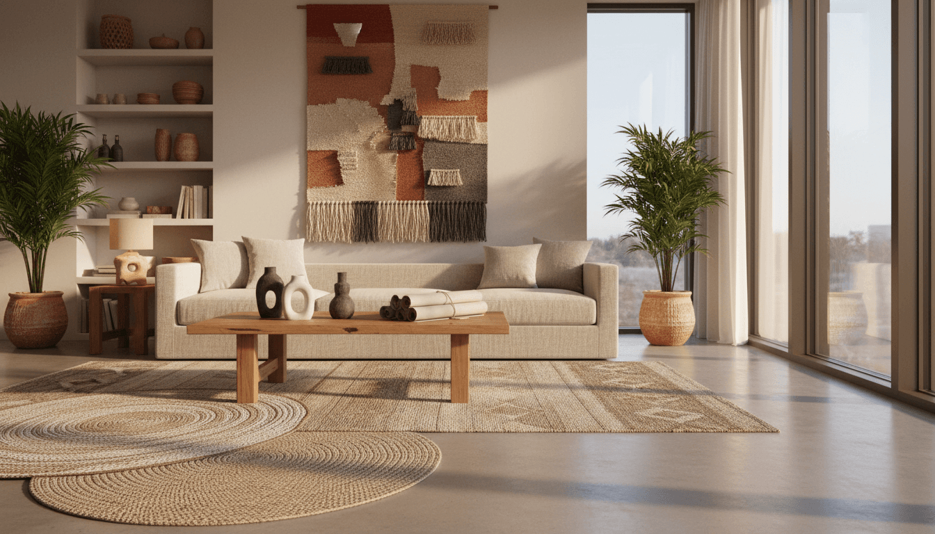 Tidy, airy living room with linen sofa and softly styled shelves in warm natural light