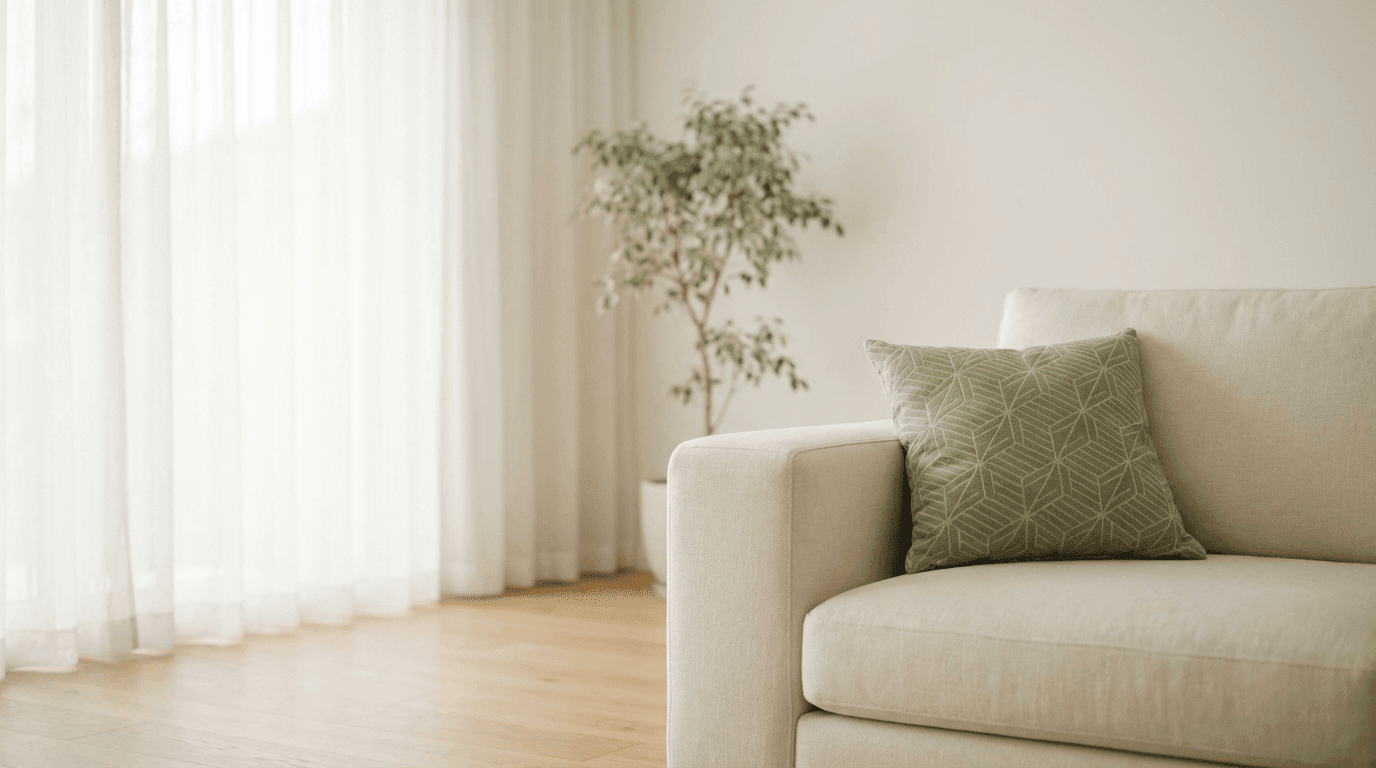 Minimalist living room corner with cream sofa, sage pillow, and soft natural light creating serene space