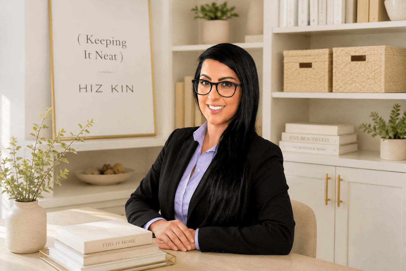 Smiling woman in a blazer sitting at a desk with organized bookshelves in the background.